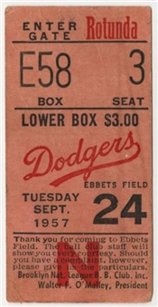 1957 Brooklyn Dodgers Final Game at Ebbets Field Ticket Stub